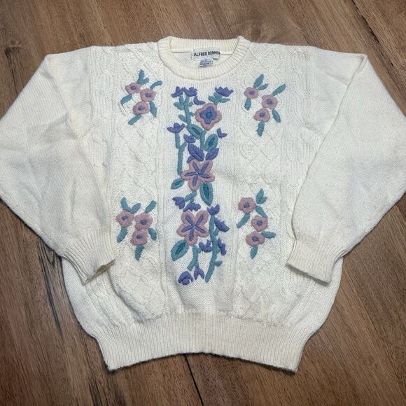 Vtg Floral Sweater Embroidered Cable Knit Pastel Cottagecore Medium Crewel - Picture 4 of 15